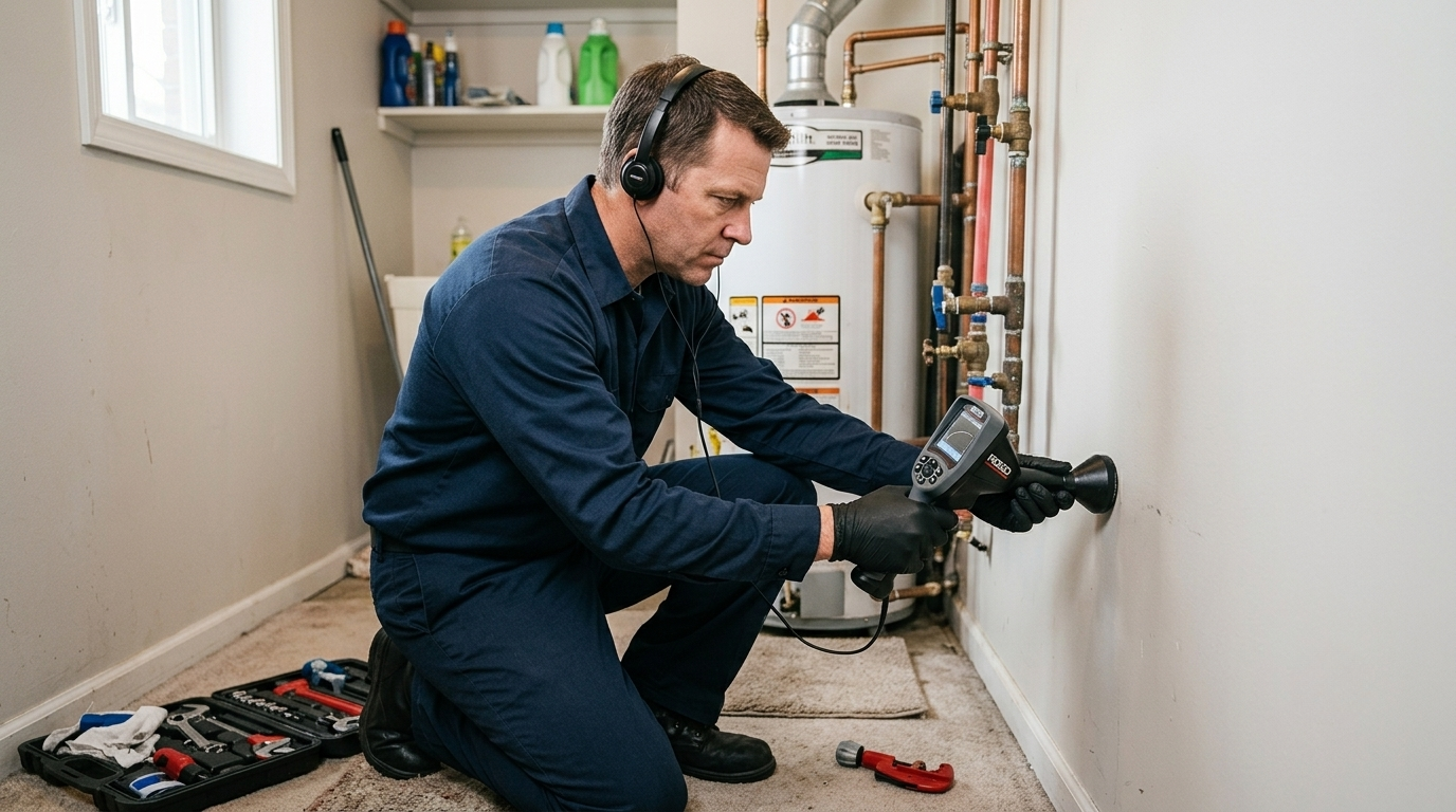 Plumber finding a leak with acoustic sensor